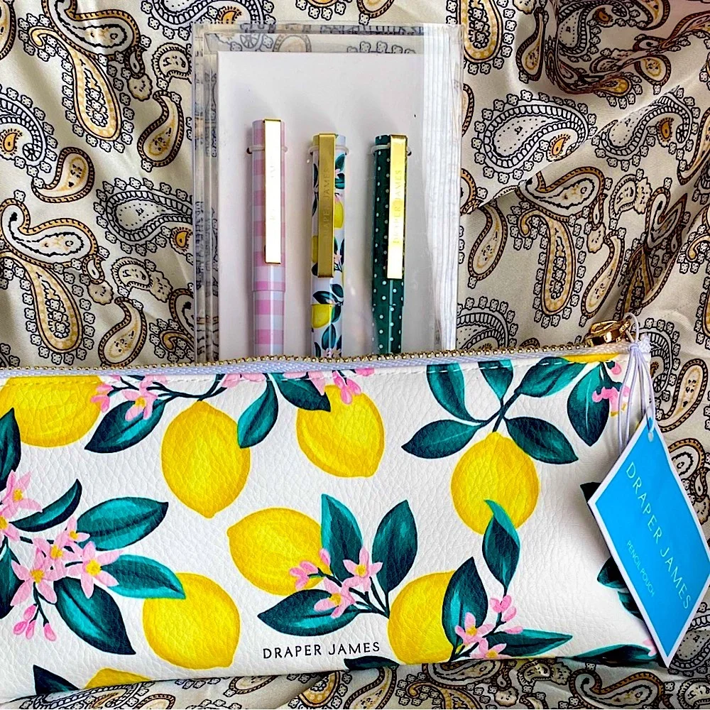 Draper James Yellow Lemon Floral Pencil Case & set of 3 pens! Also, FREE gift 💝